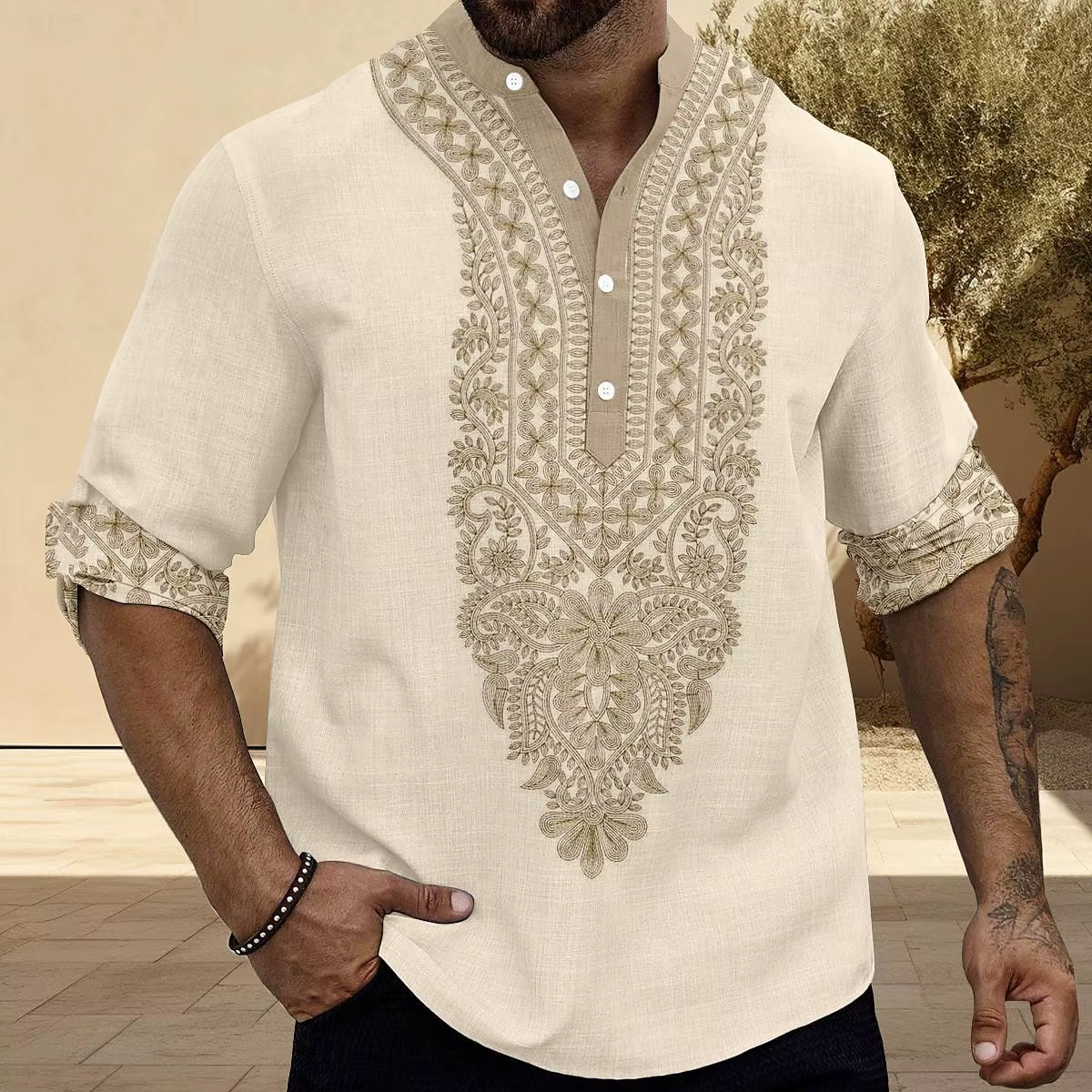 Automne Henley chemises Style ethnique impression 3D hauts chemisier hommes décontracté mode Vintage