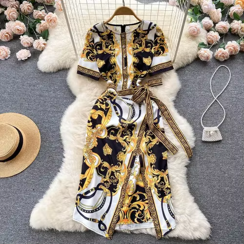 Ropa Mujer-Robe d'Été Imprimée pour Femme, Col Rond, Manches sulf, Taille en Dentelle, Slim, Haut de
