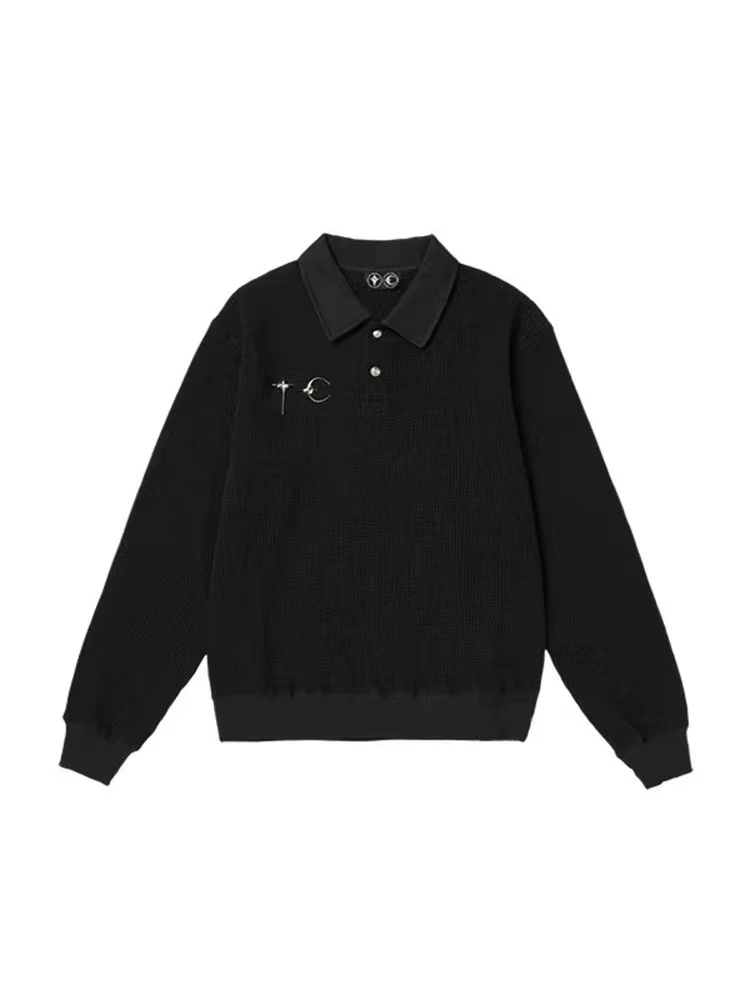 THUG CLUB Polo classique à boutons en métal à manches longues motif gaufré couleur unie T-shirt unis
