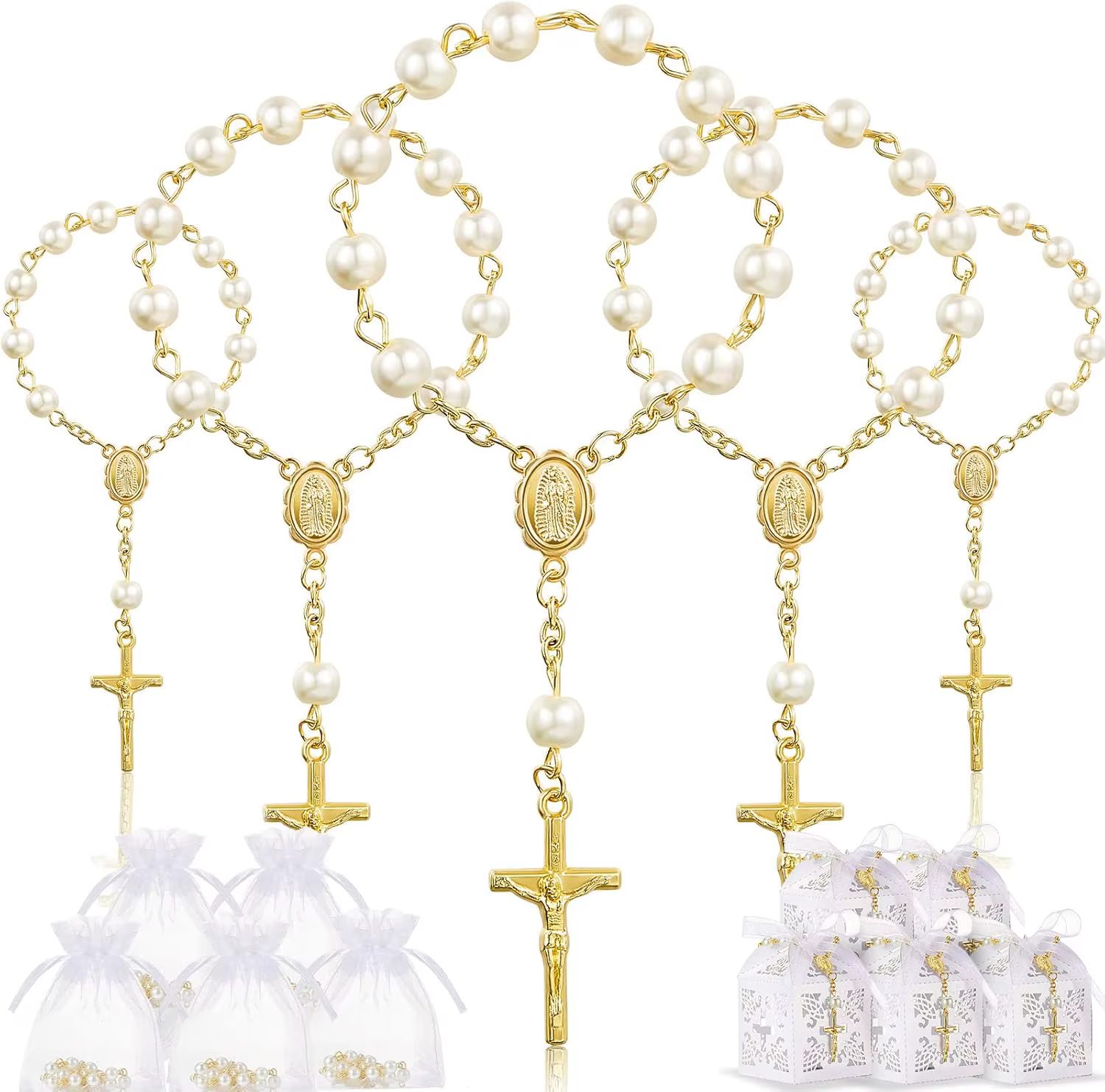 Ensemble De 20 cadeaux De baptême, chapelet en acrylique, fausses perles avec sacs en Organza et boî