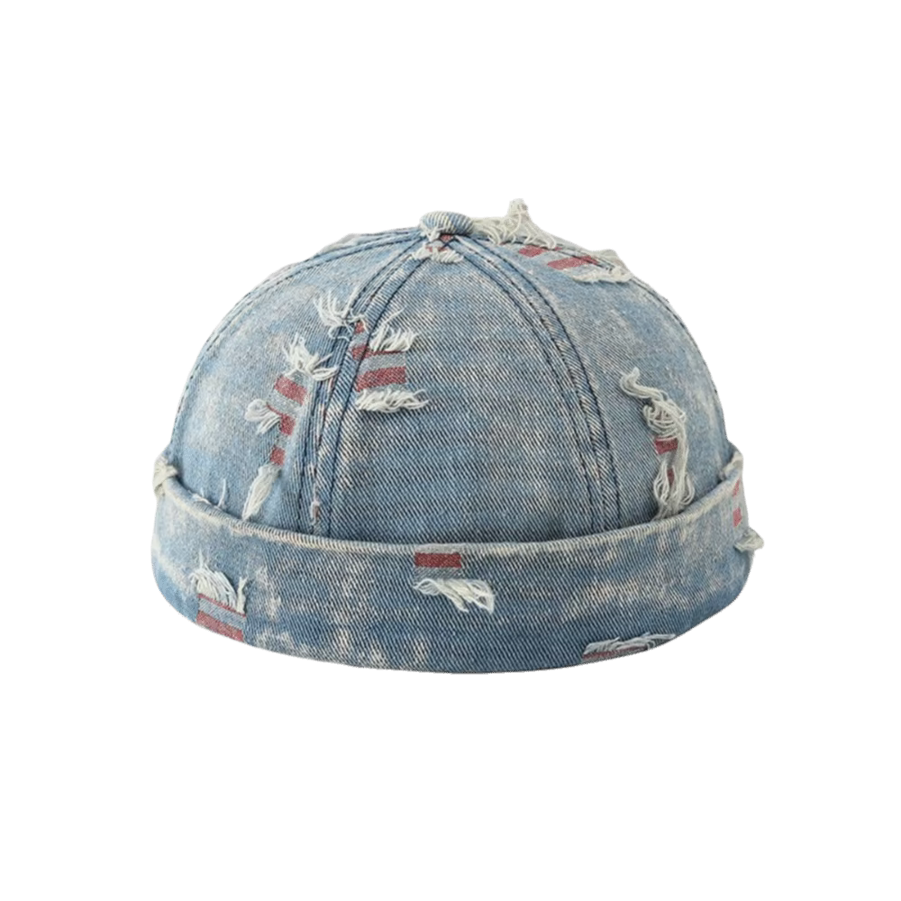 Casquette Docker en Denim Effiloché avec Imprimé Graffiti, Bonnet sans Visière, Réglable, Mélange Co