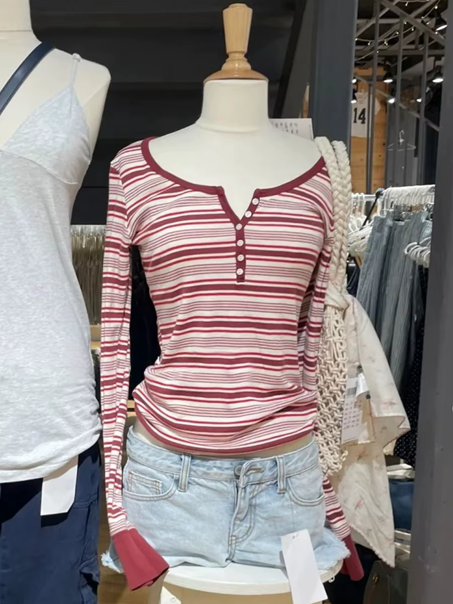 T-shirt à manches longues pour femmes, rayé rouge, Six boutons, col rond, en coton, Slim, nouveau st