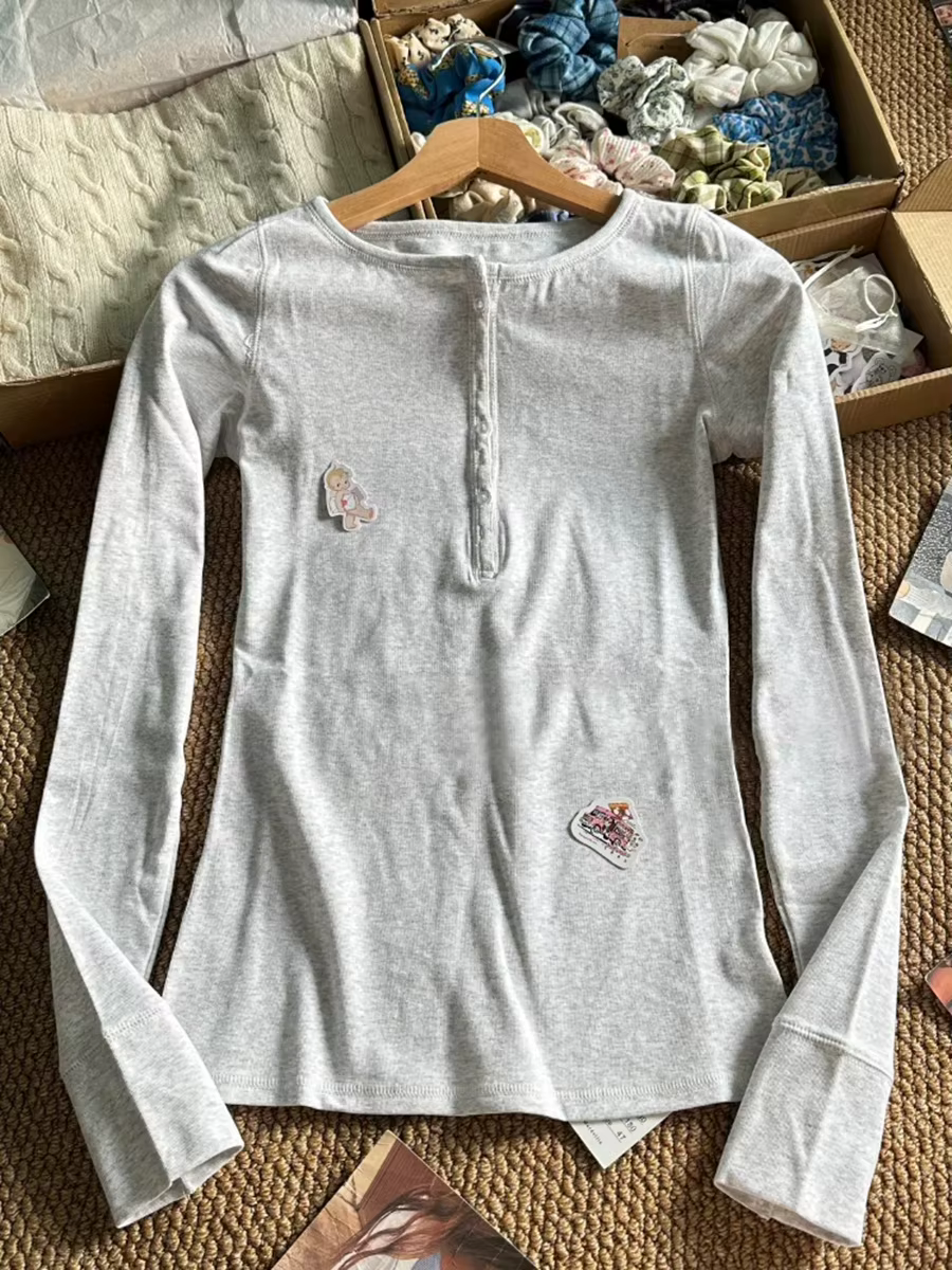 T-shirts à manches longues boutonnés, t-shirts slim unis pour femmes, t-shirts décontractés simples 