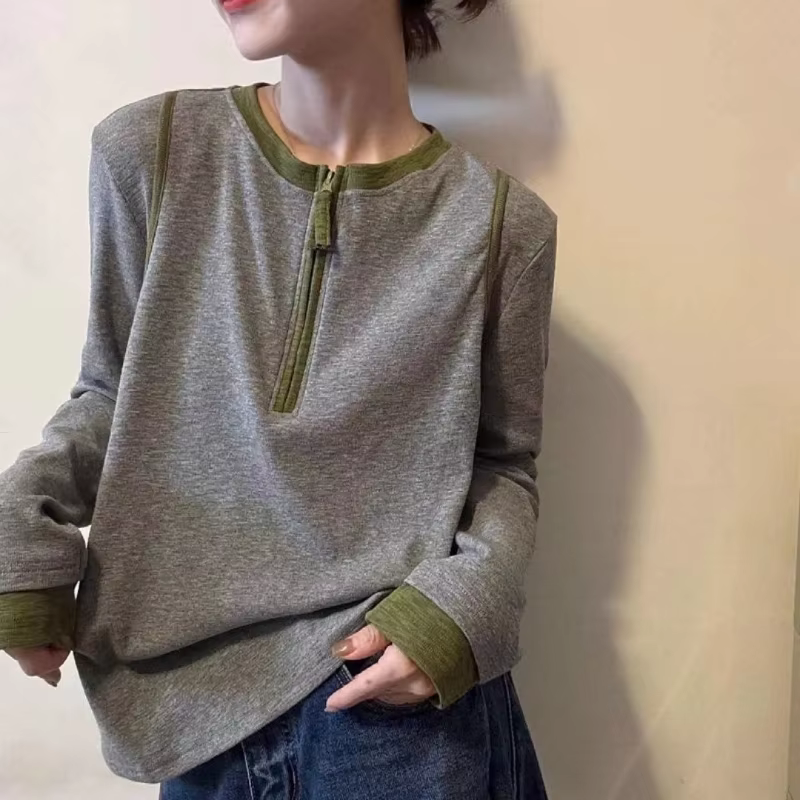 Femmes vêtements nouveau haute rue contraste Patchwork t-shirts à manches longues fermeture éclair d