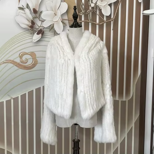 Manteau à capuche en vraie fourrure de lapin pour femme, manches longues, décontracté, ample, tricot