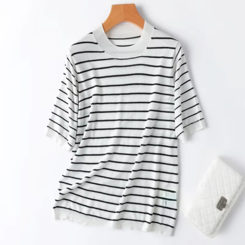 T-shirt en tricot à col rond pour femme, pull à manches courtes rayées, haut en coton Mulberry inj70
