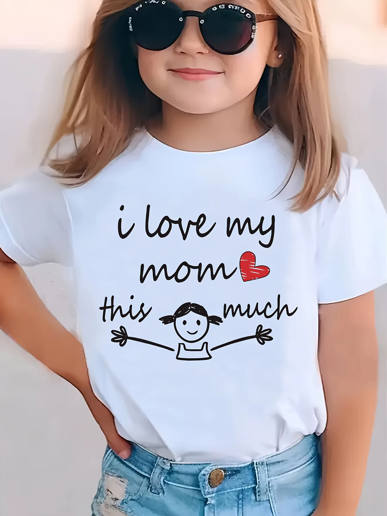 T-Shirt graphique «I LOVE MY MOM THIS MUCH» pour filles, haut d'été décontracté à manches courtes av