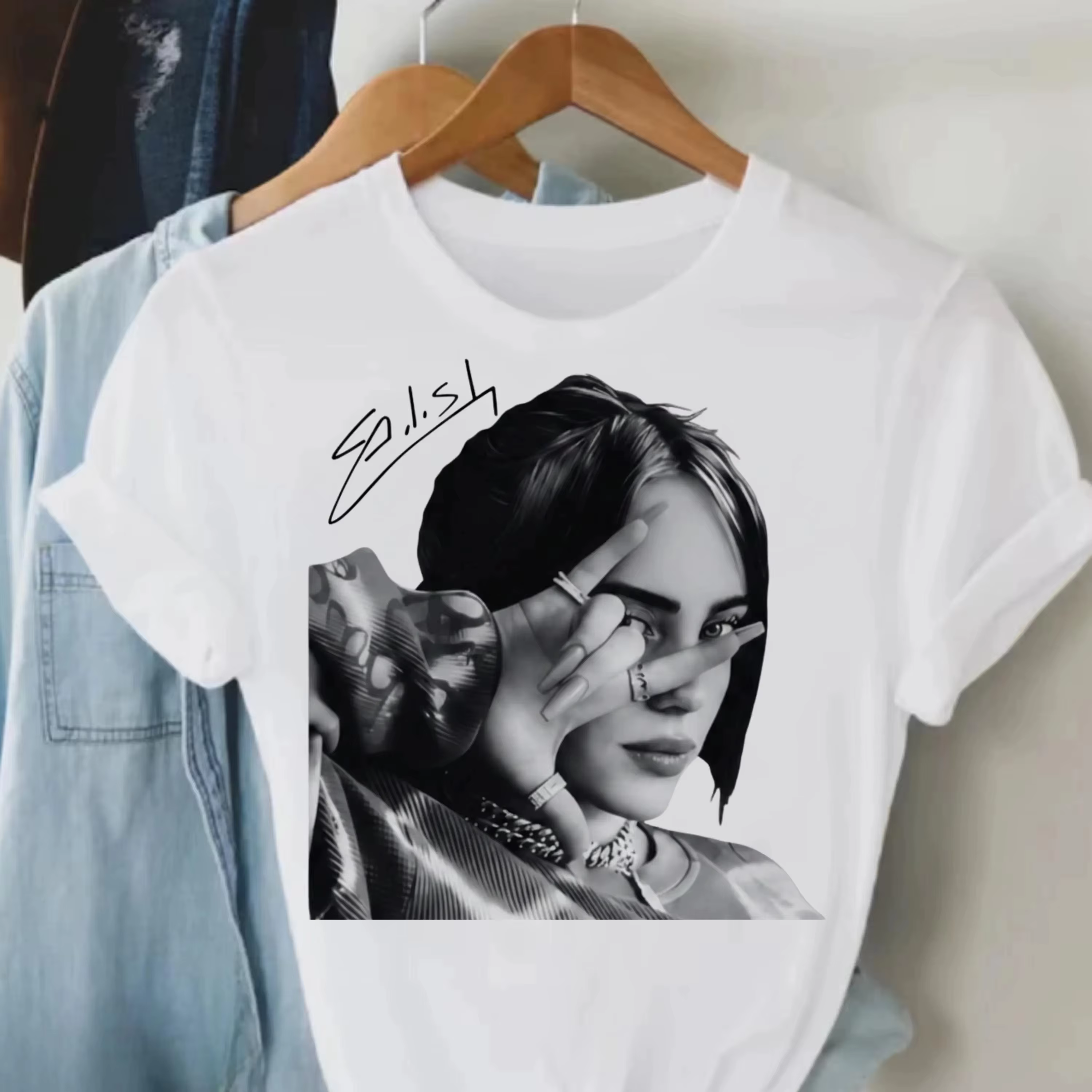 T-shirt unisexe en coton avec portrait de la chanteuse Billie Eilish, t-shirt d'été à manches courte