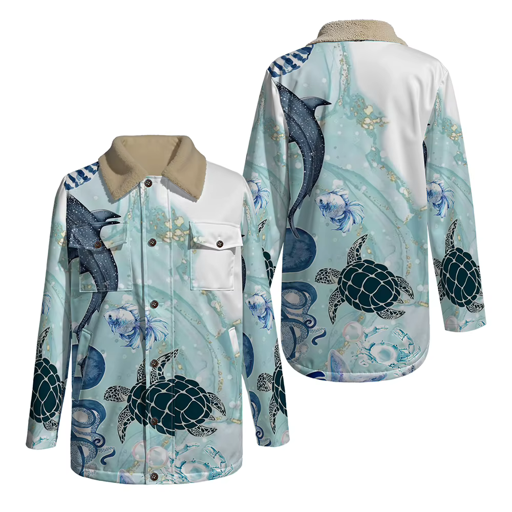 Manteau Long imprimé tortue de mer, thème océan, méduse, veste doublée polaire, col en fausse fourru