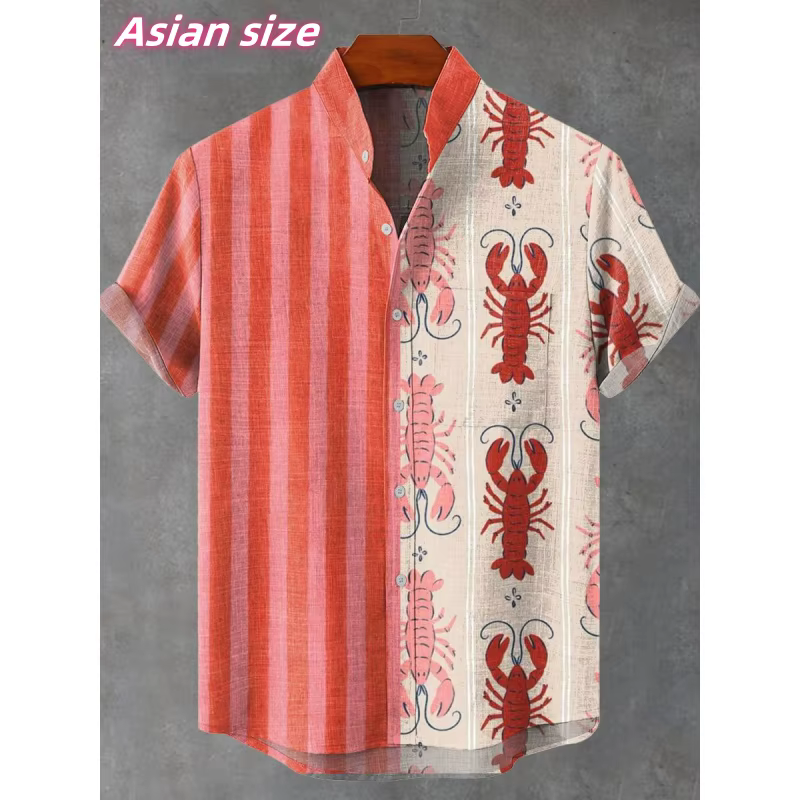 Chemise hawaïenne pour hommes, graphique de homard amusant, rayures colorées, impression 3D, manches