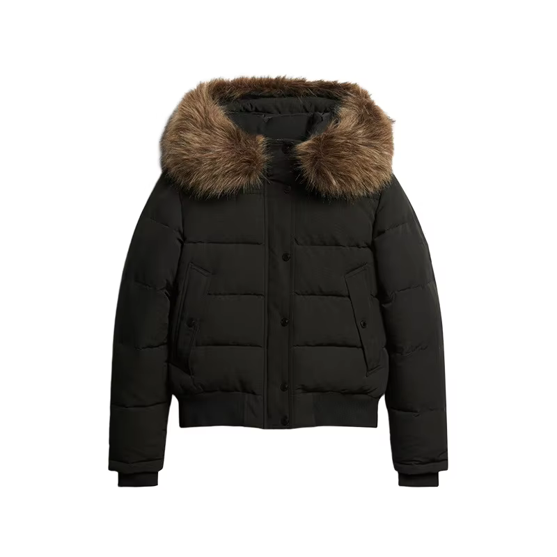 Veste courte bouffante en coton pour femme, manteau avec capuche en fausse fourrure, coupe cintrée, 