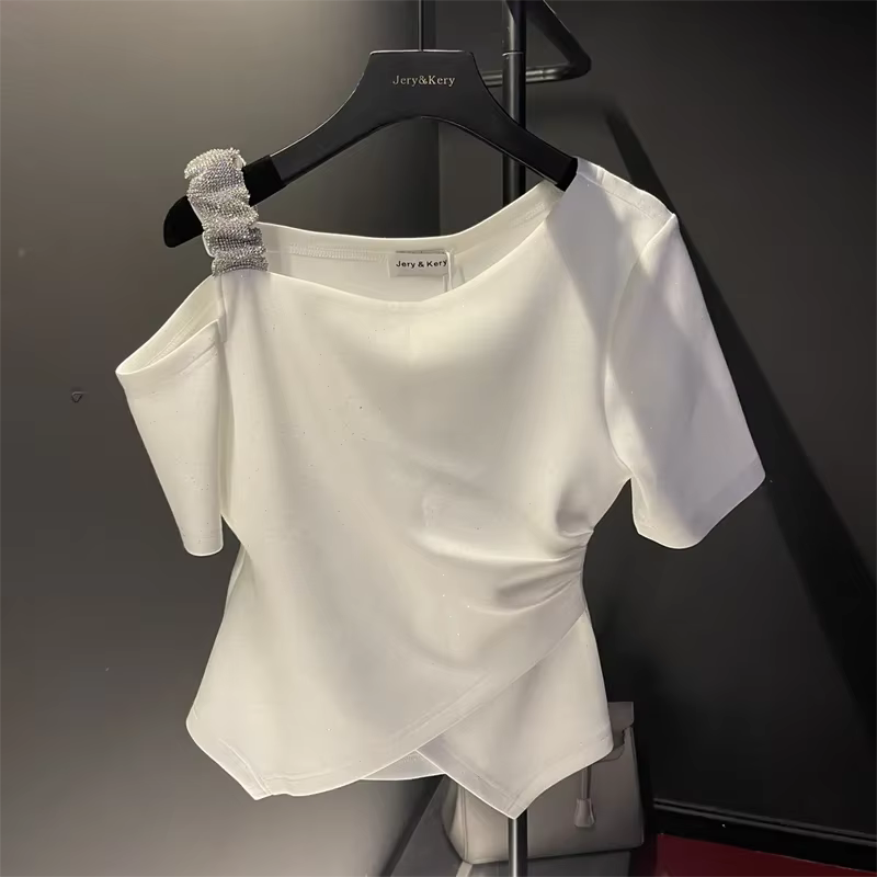 T-shirt court taille fine pour femme, t-shirts sexy, t-shirts tuniques diamant, document solide, mod