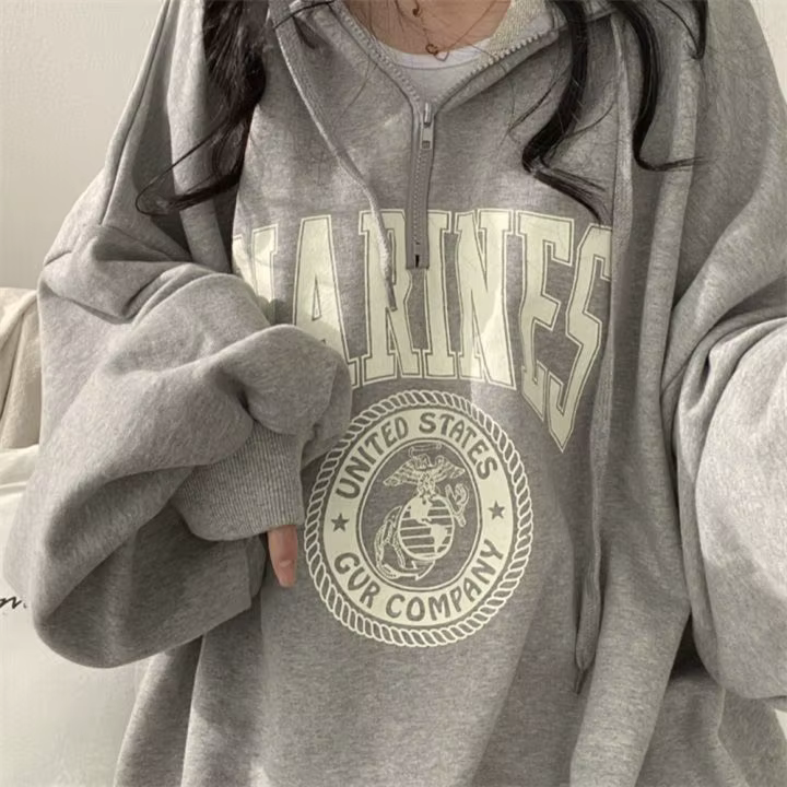Pull Baggy à Capuche avec Fermeture Éclair pour Femme, Vêtement Long, Graphique, PVD, Fermeture Écla