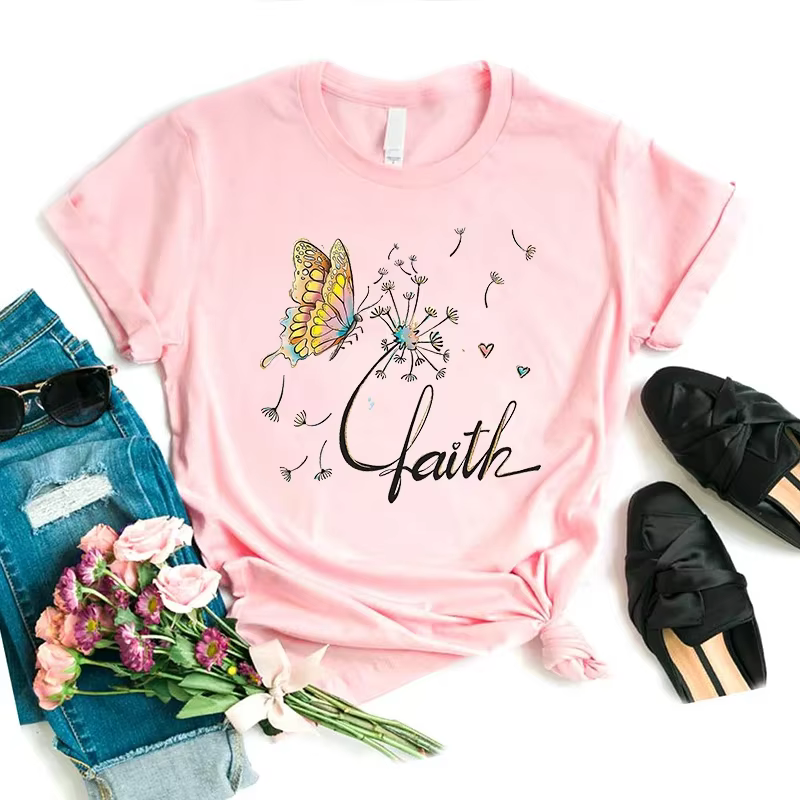 T-shirt imprimé graphique pour femmes, Interconnexion, Just Breathe, Faith Flowers, Vêtements d'été 
