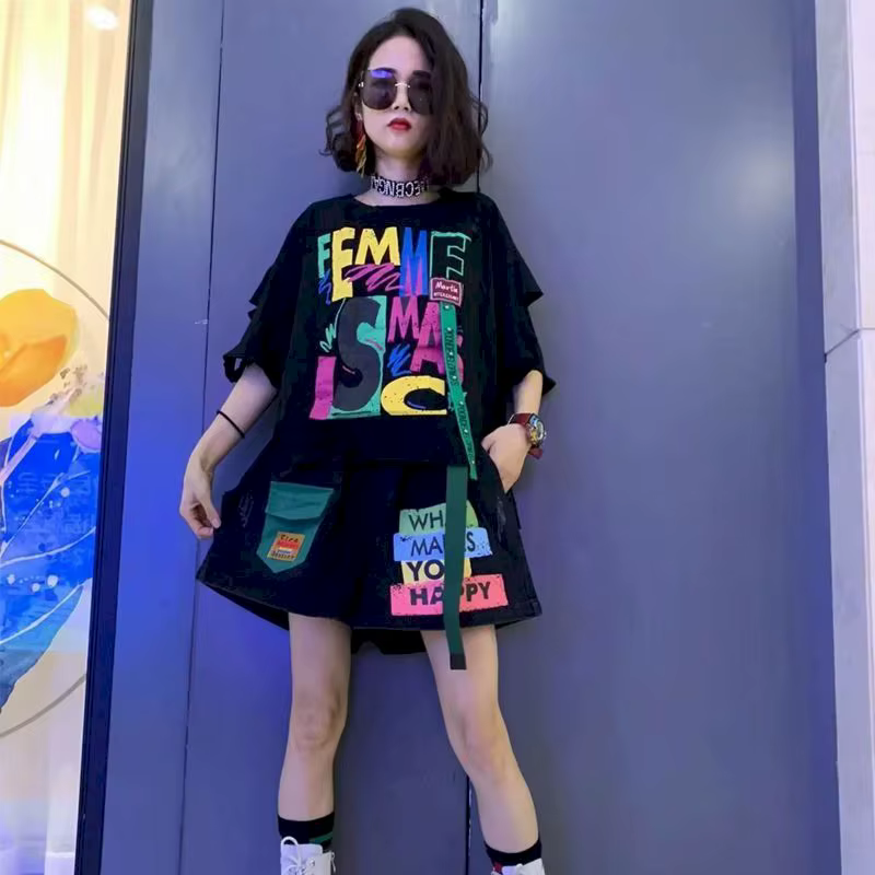 T-shirt et short décontractés pour femmes, ensemble deux pièces avec lettres imprimées créatives, de
