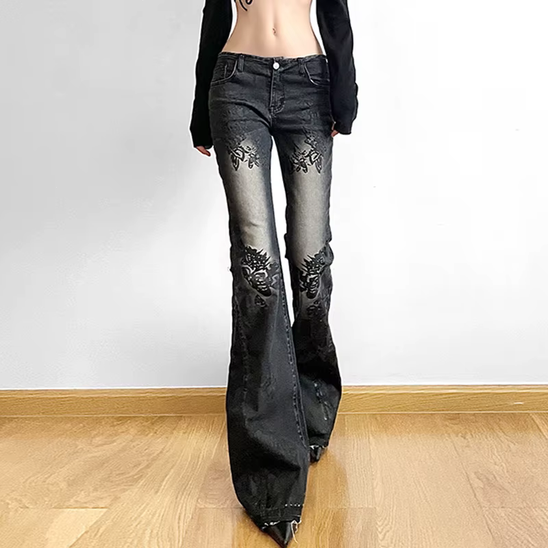 Jean femme nouveau Style de rue rétro américain imprimé plante lavé Vintage taille basse pantalon év