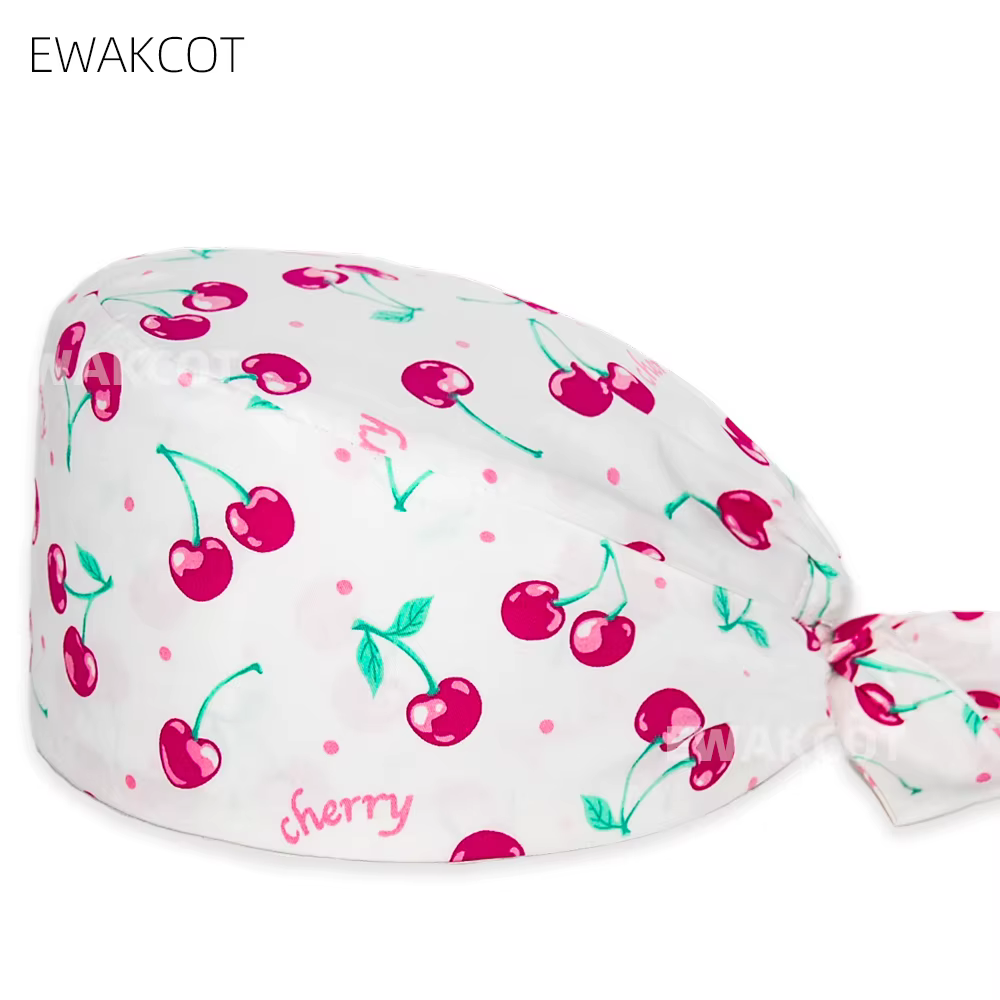 Casquette chirurgicale imprimée cerise pour femmes, en coton, pour femmes et hommes, infirmière, méd