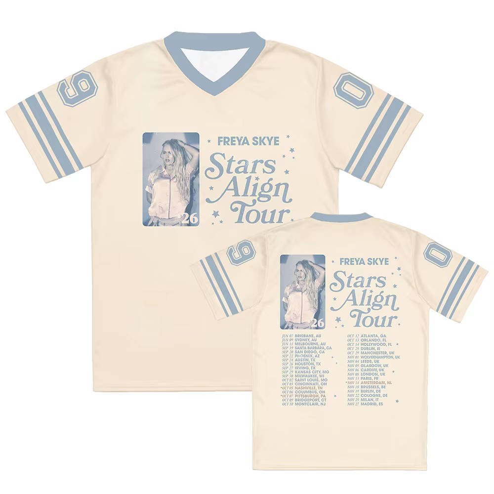 T-shirt de football unisexe Freya Skye Stars Align Tour 2026, col en V, coupe ample, manches courtes