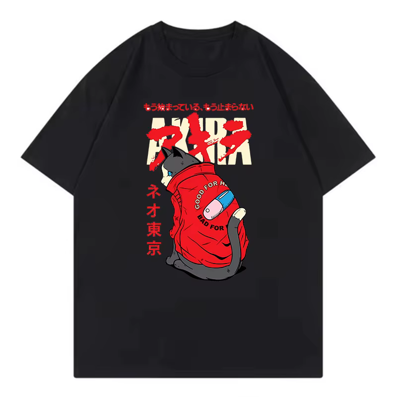T-shirt drôle pour hommes et femmes, Anime japonais Akira Tokyo Cat, col rond, manches courtes, Hip 