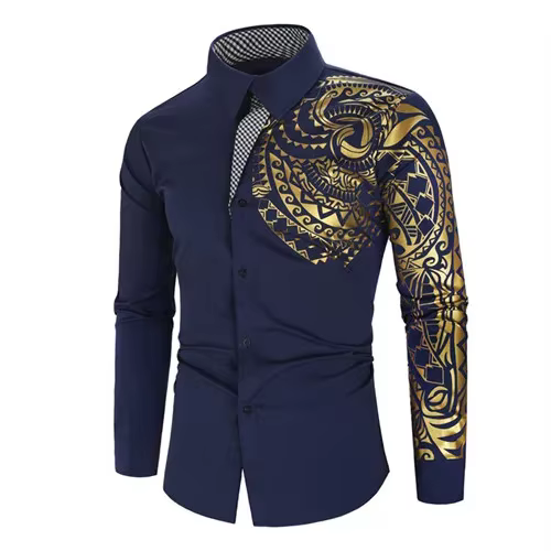 Chemise à manches longues rouge vif pour homme 2026, col à revers à bouton unique avec imprimé doré,