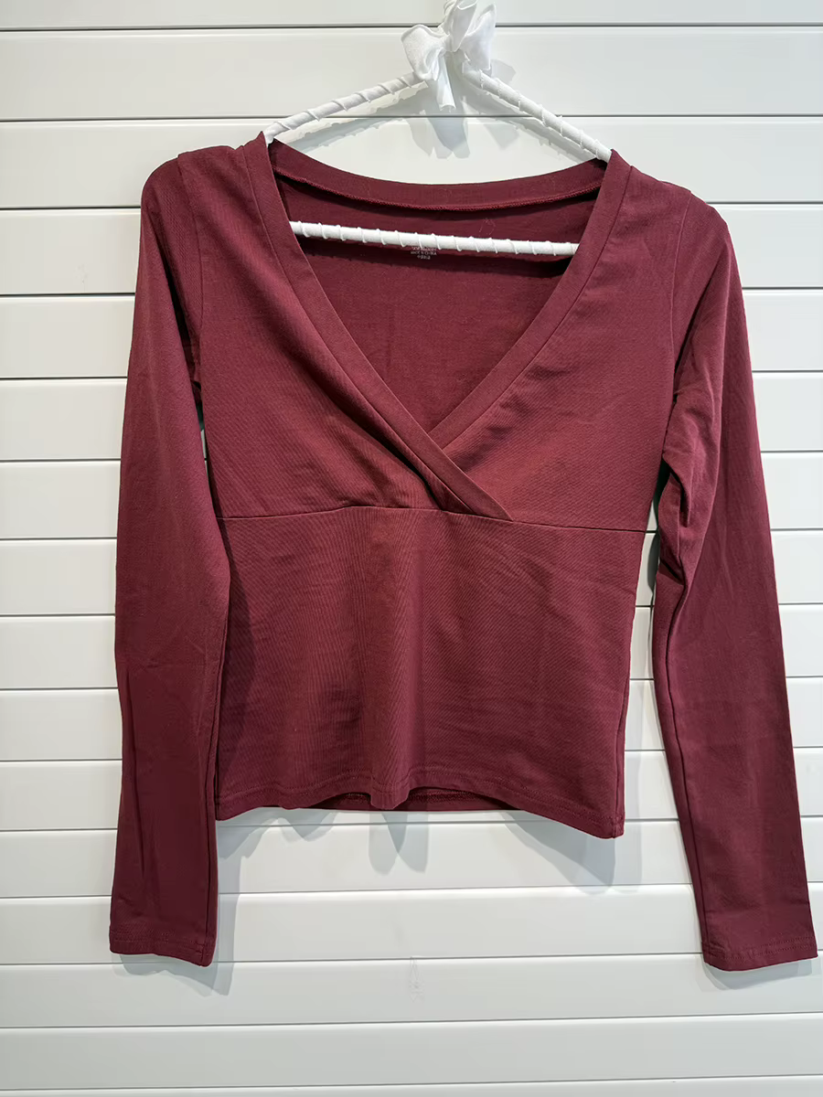 Rouge Sexy col en v mince T-shirts femmes automne nouveau Streetwear décontracté coton à manches lon