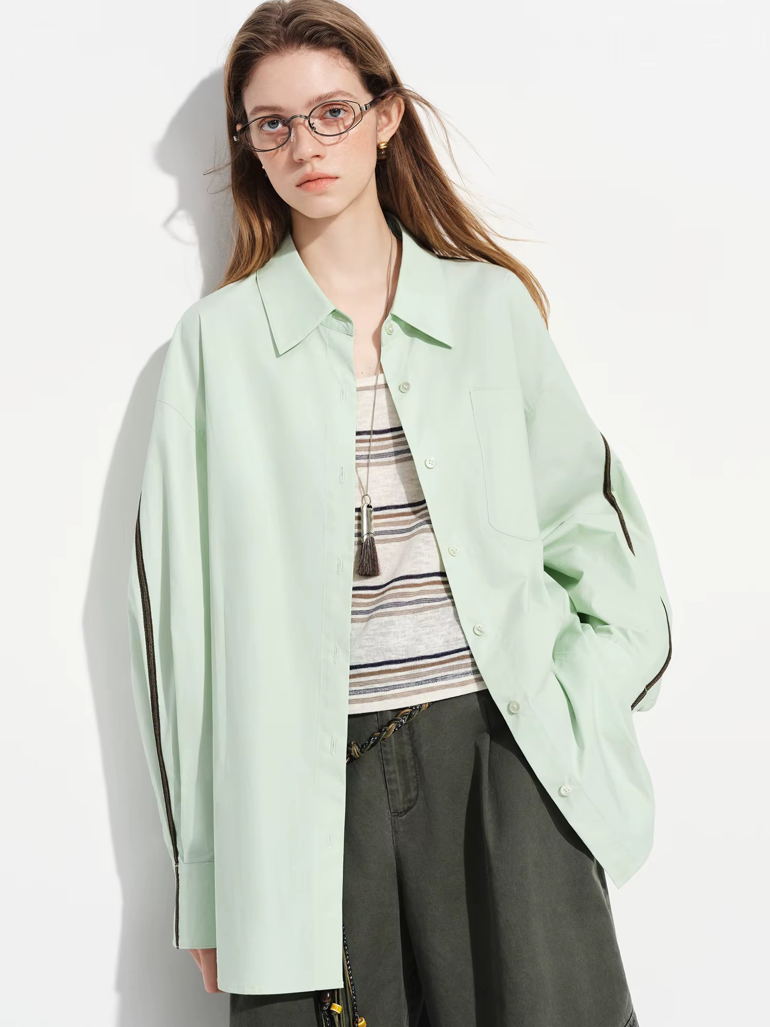 FSLE【Série Premium】 Chemise française en coton coupe ample pour femme, haut superposé à manches long