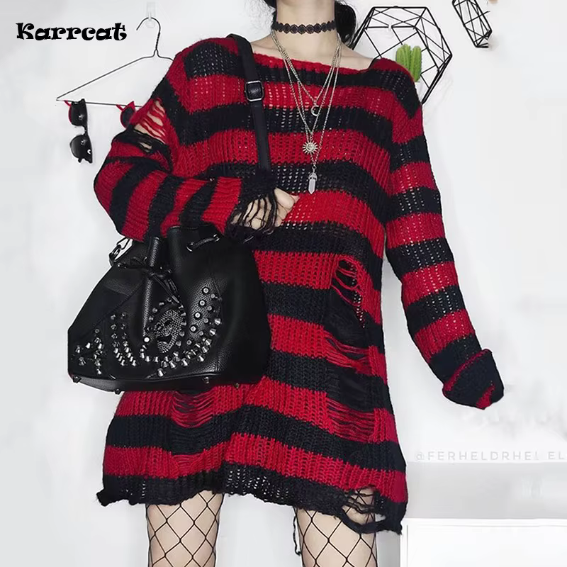 Karrcat Grunge Harajuku rayé tricot pull femmes Y2K Streetwear trou cassé pull ample violet chandail