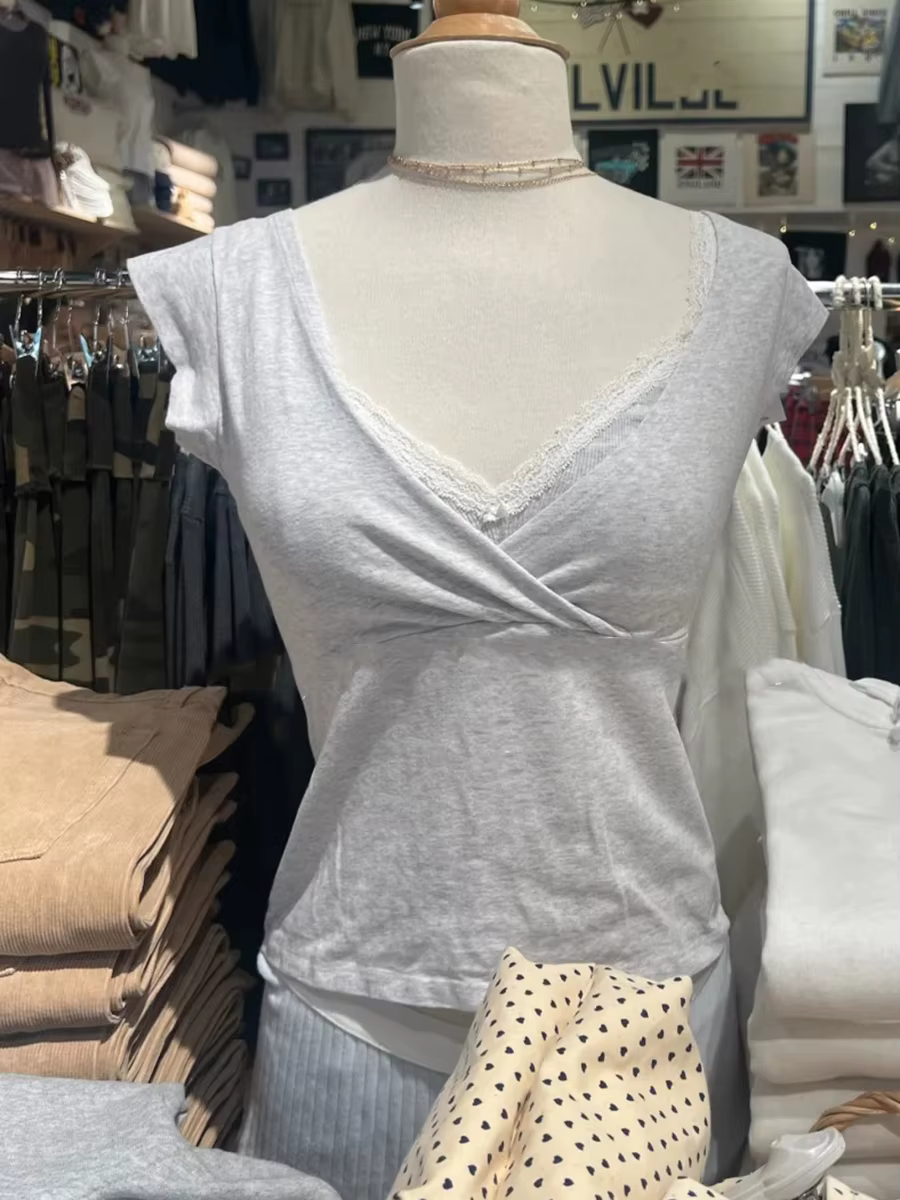 T-shirts en coton gris à col en V profond pour femmes, décontractés, simples, polyvalents, sans manc