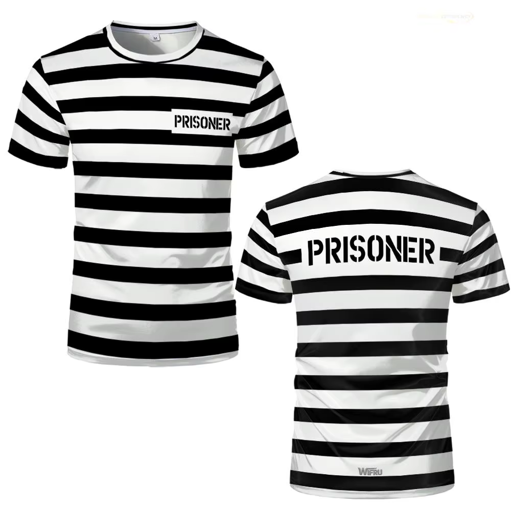 T-Shirt rayé de prisonnier, noir et blanc, thème de prison, amusant et novateur, manches courtes, Co