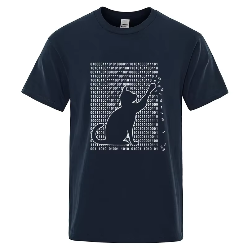 T-shirt en coton avec motif de chat formé par une matrice numérique, rafraîchissant et respirant, ad
