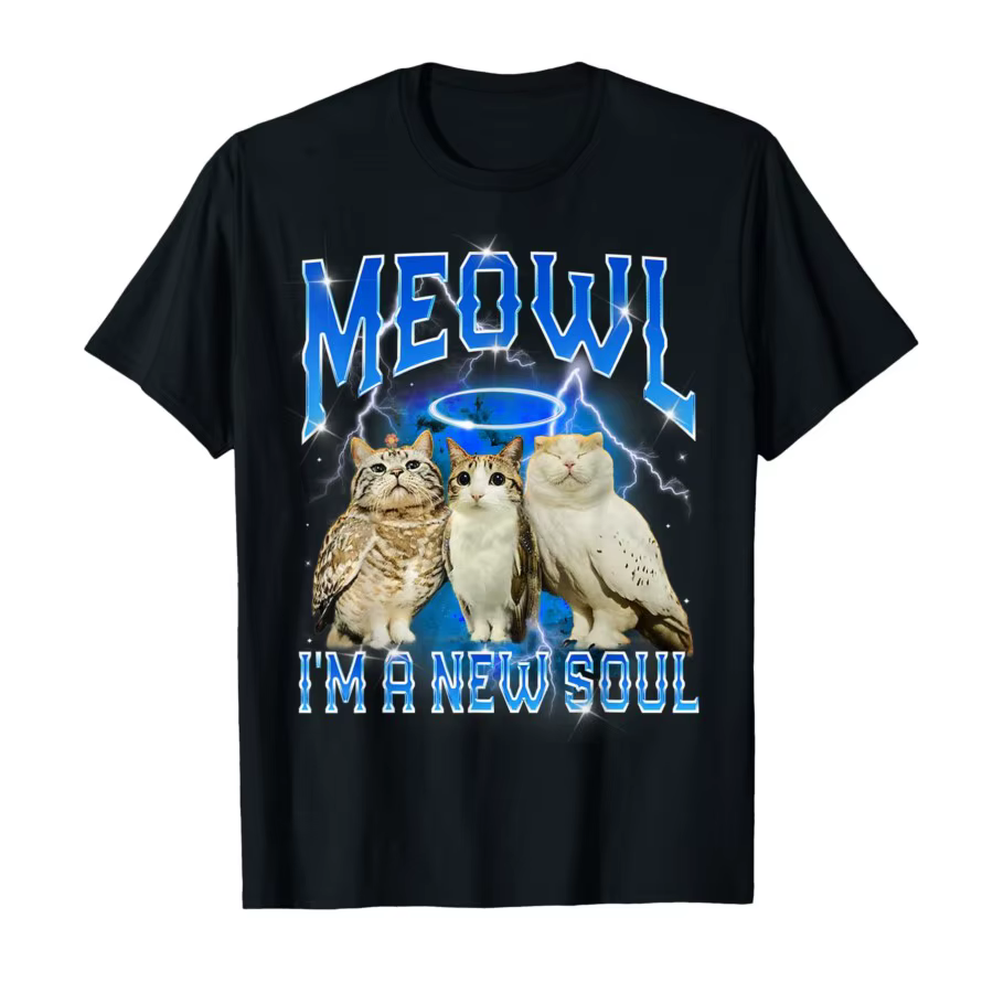 T-shirt Meowl pour Femme, à Manches Courtes, Décontracté d'Été, avec Motif Chat Hibou Amusant et Ten