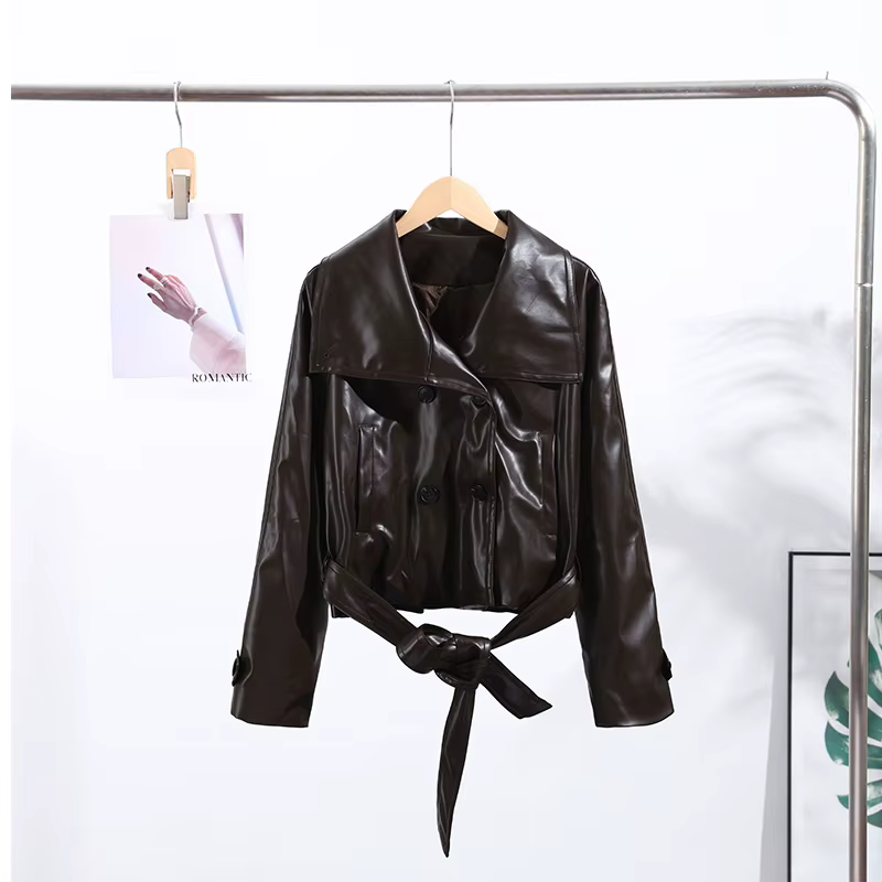 Vestes courtes en cuir avec ceinture de rue pour femmes, col montant, poches à Double boutonnage, ma