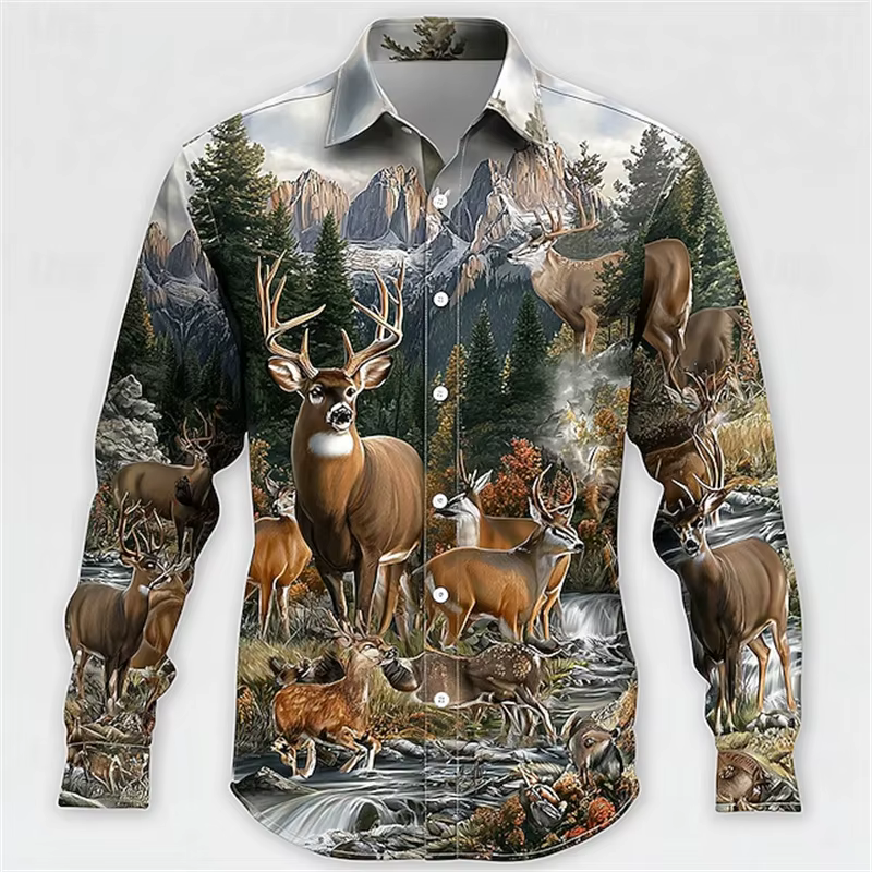 Chemise homme renne Nature forêt Vintage extérieur printemps automne revers 3D imprimé chemise à rev