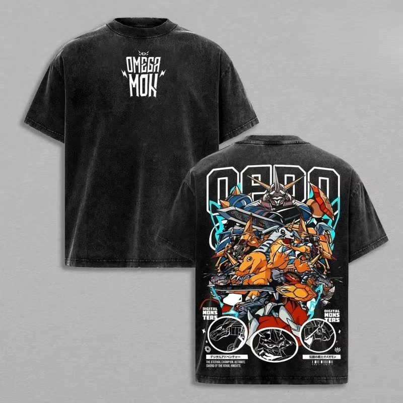 T-shirt graphique Hot Anime Digimon Greymon pour hommes et femmes, en coton lavé, décontracté, ample