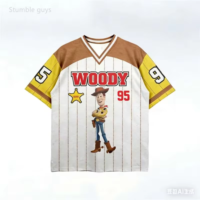 T-shirt unisexe en jersey Toy Story Woody, imprimé rétro Sheriff, col en V, manches courtes, motif f