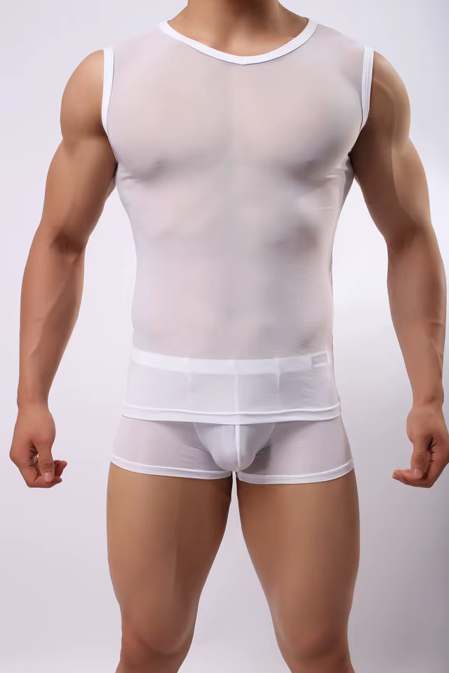 Maillot de corps Sexy en maille transparente et respirante pour hommes, débardeur musculaire, gilet 