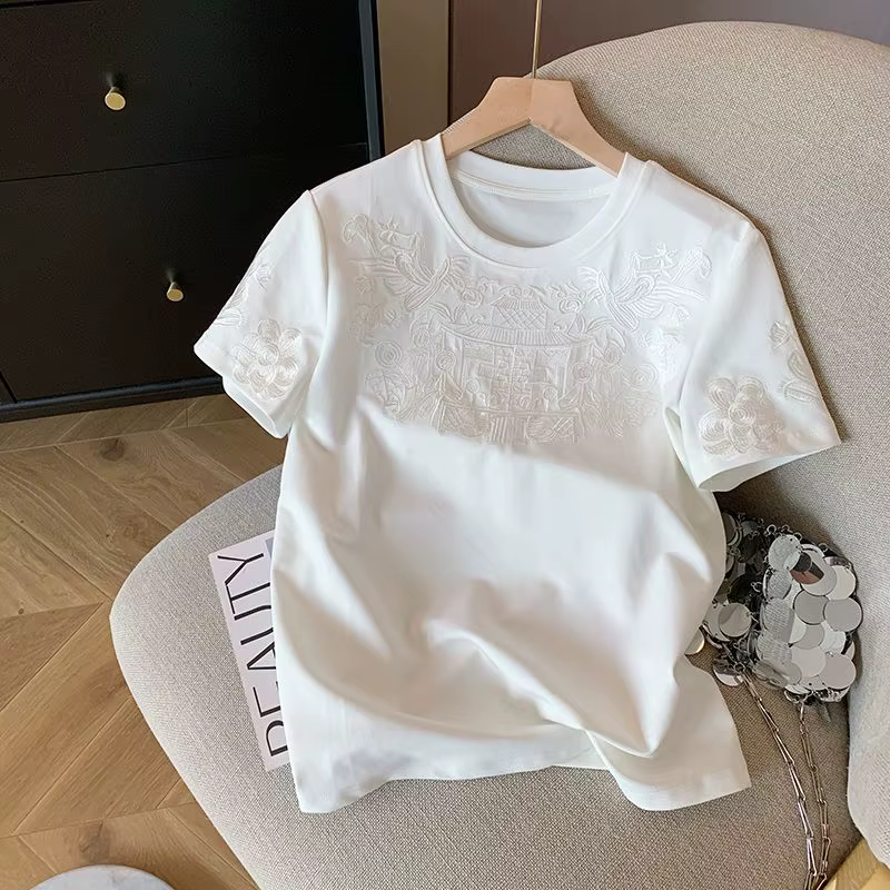 T-shirt à manches courtes en coton blanc brodé pour femmes, simple, décontracté, col rond, mode vint