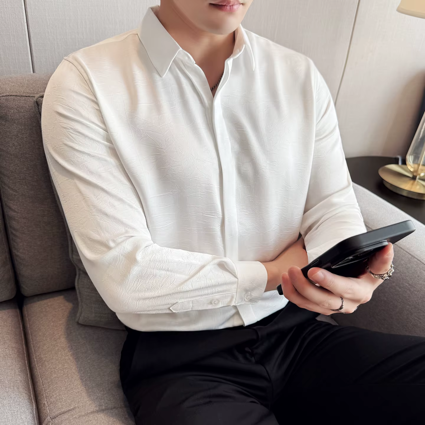 Chemise à manches longues en tissu de luxe pour hommes, chemises décontractées de haute qualité, cou