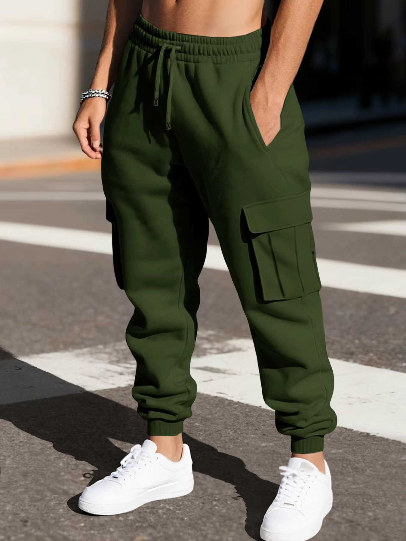 Pantalon de survêtement pour homme, couleur unie, décontracté, style cargo, pour le sport en extérie