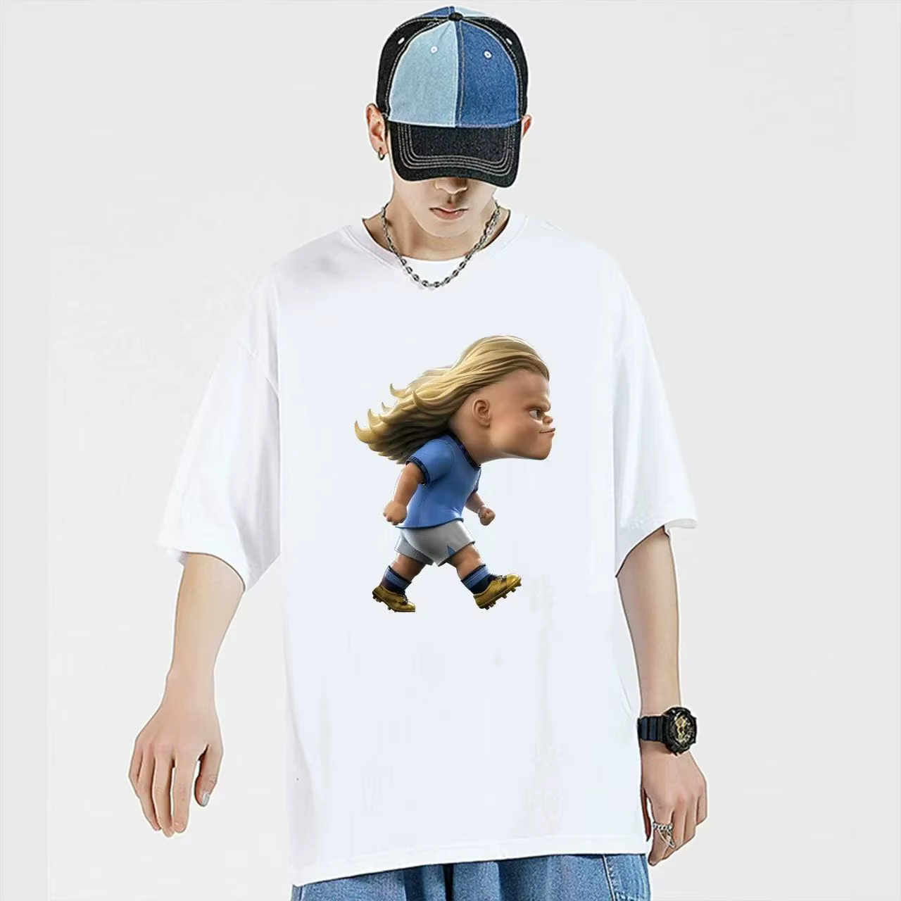 T-shirt ample en coton à imprimé graphique vintage de football américain Manchester City Haaland pou