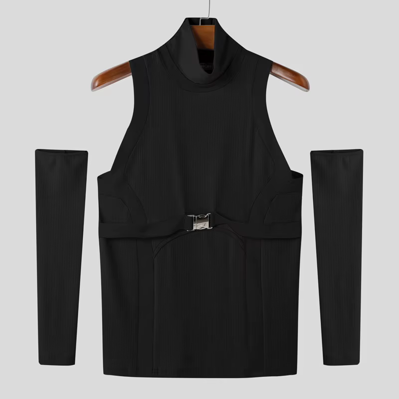 INCERUN hommes t-shirts Patchwork col roulé épaules dénudées à manches longues décontracté hommes vê