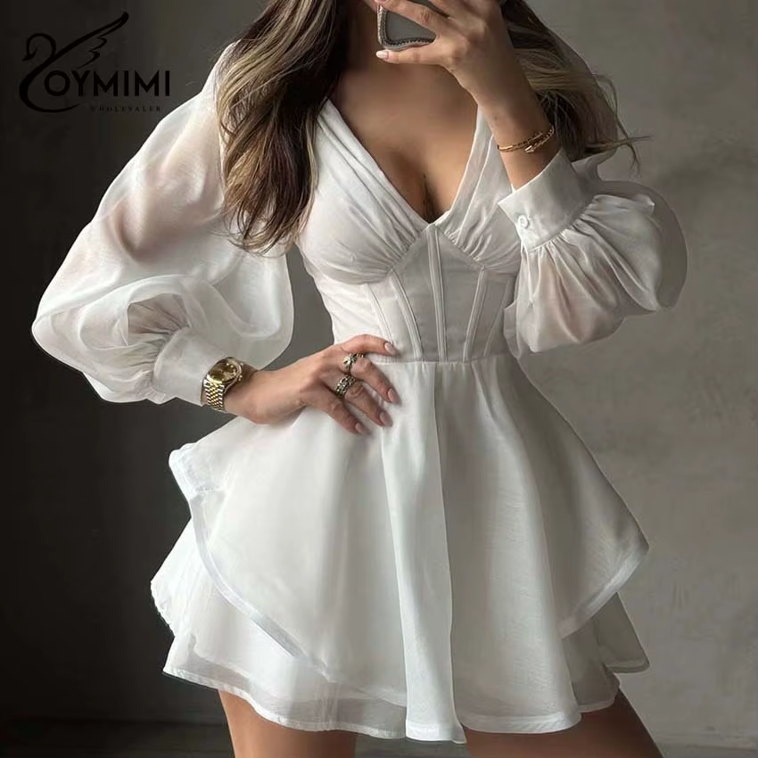 Robe mini blanche Oymimi pour femme, printemps 2026, col en V profond, manches bouffantes, corset, v