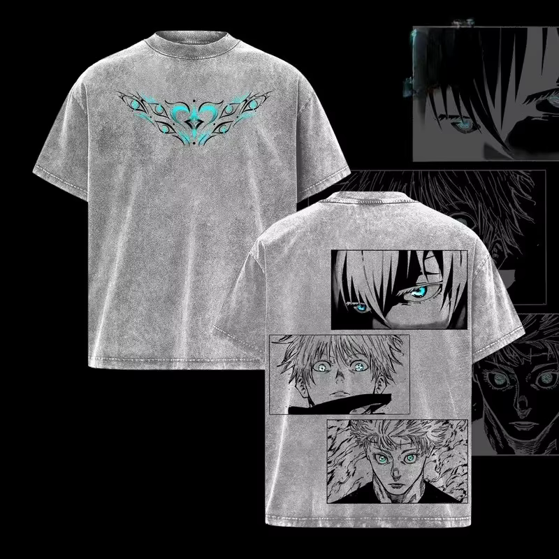 T-shirt Y2K Harajuku Jujutsu Kaisen pour Homme – Vêtement Anime Gojo Satoru – T-shirt Lavé à Manches
