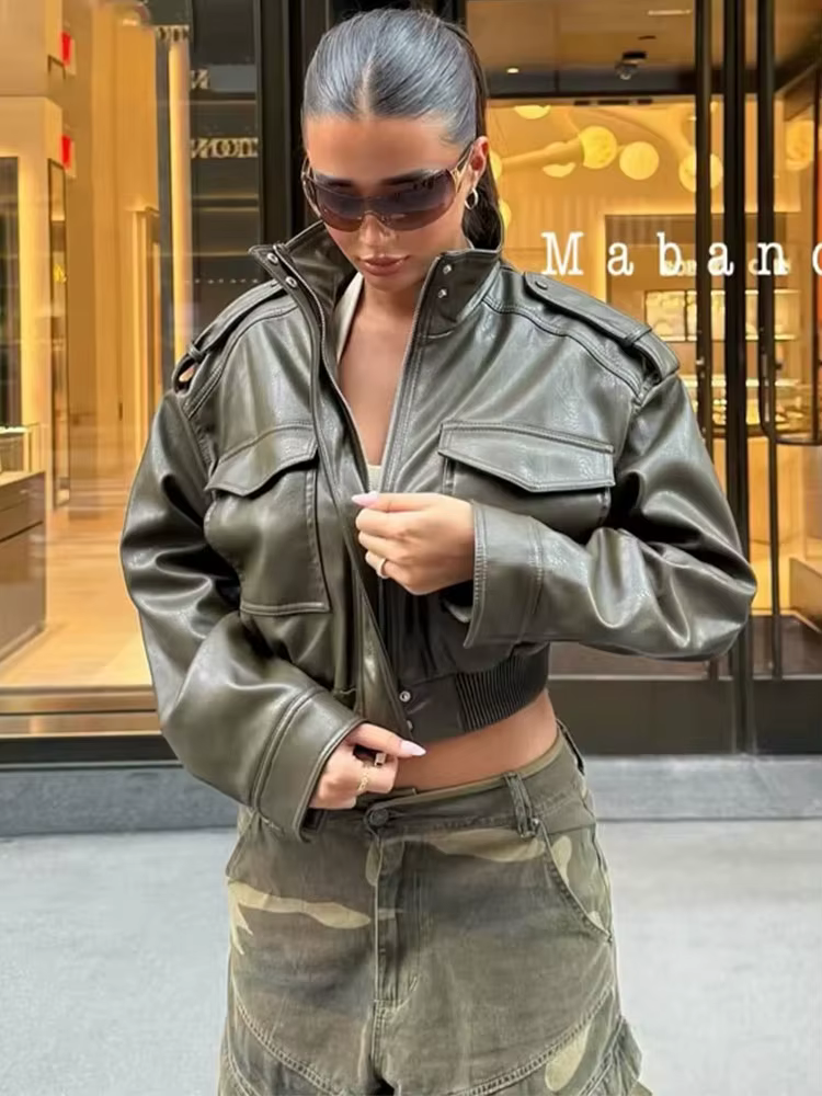 HH femmes Faux cuir recadrée veste vintage Bomber vestes avec poches à manches longues manteaux ferm