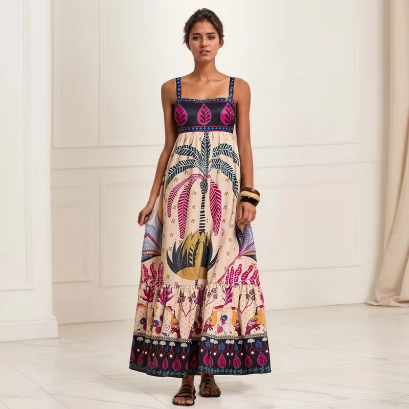 Robe d'été style bohémien, imprimé plantes et fleurs, Leader carré, blocage de couleur, sans manches