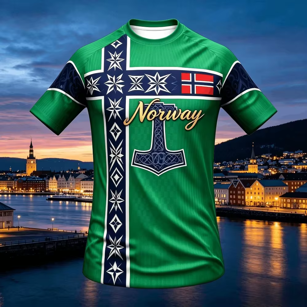 Maillot de football nordique style ethnique viking 2026 pour supporters norvégiens – Haut décontract