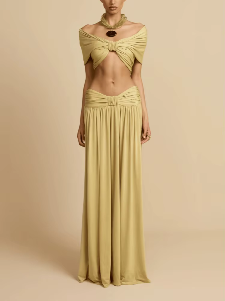 Tenue élégante 2 pièces pour femme |   Jupe longue drapée taille haute et haut court sans manches à 