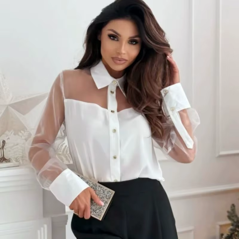 Chemise boutonnée à manches longues pour femmes, chemisier décontracté en mousseline de soie, col am