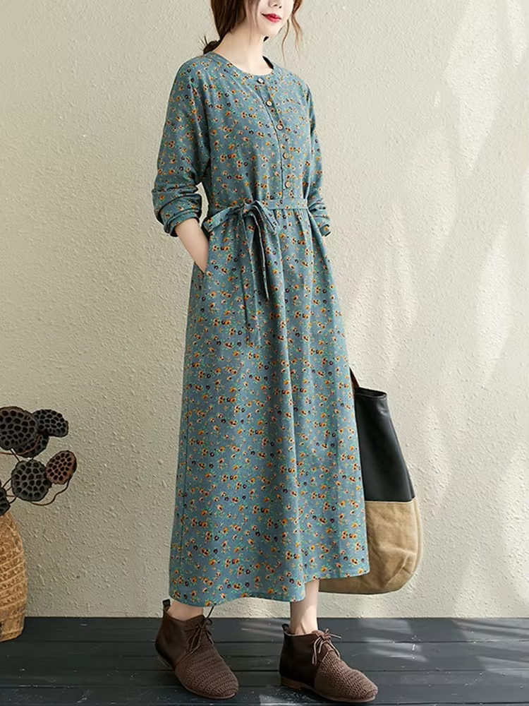 Anteef – robe longue à manches longues en coton et lin, motif floral vintage, nouvelle collection po