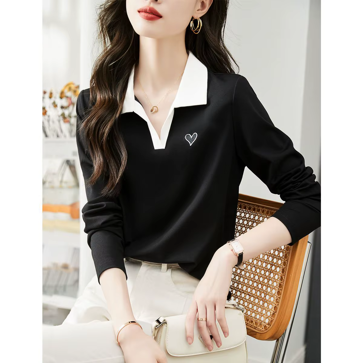 Polo brodé à manches longues pour femmes, T-shirt femme, 100 coton Belgi, Vêtements noirs, Mode coré